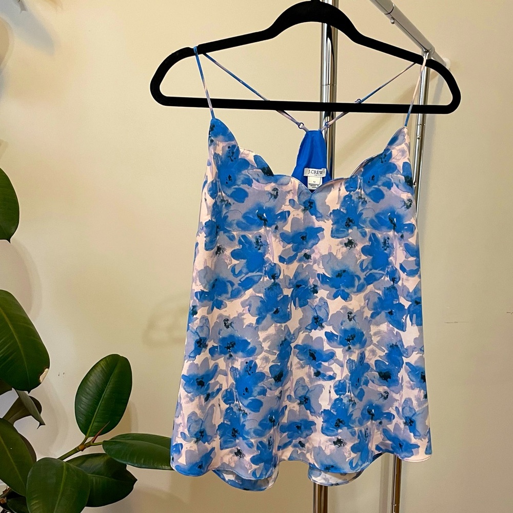 NWT J. Crew floral print, blue & pink scallop neck tank-top